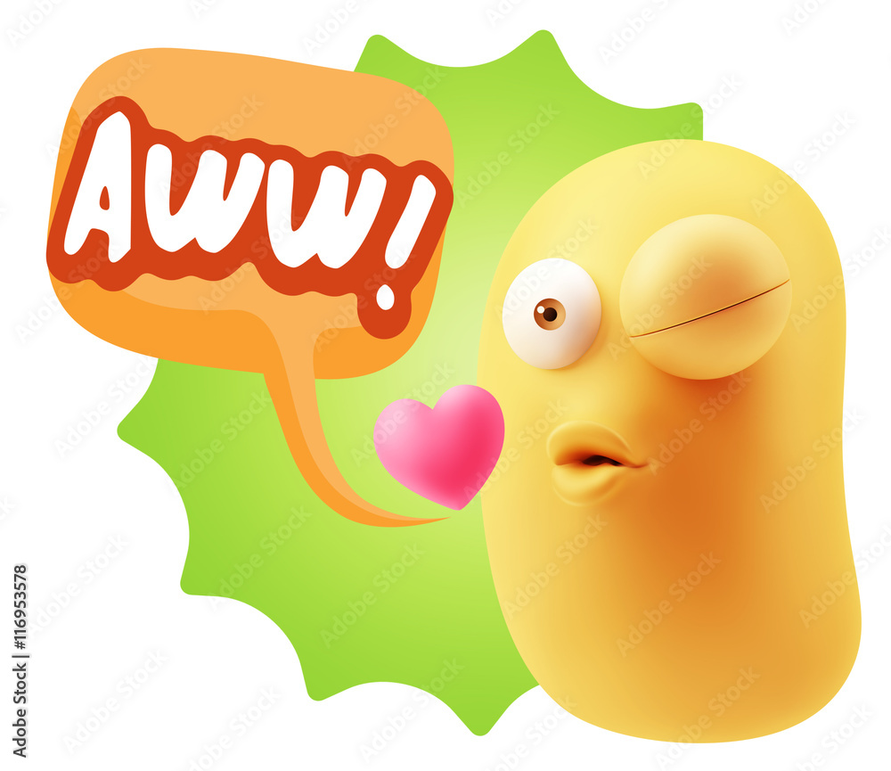 3d Rendering. Kiss Emoticon Face saying Awww with Colorful Speec 3d Rendering. Kiss Emoticon Face saying Awww with Colorful Speec