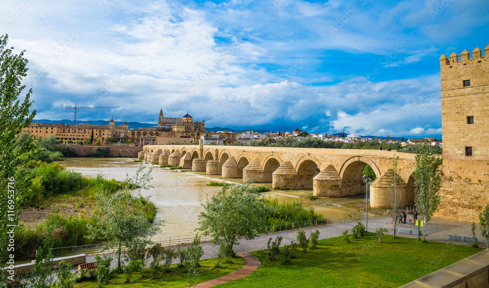 Beautiful panoramic view over traditional Roman bridge architecture of Cordoba.
Historic centre of Andalusia, southern Spain, built in the early 1st century BC across the Guadalquivir river