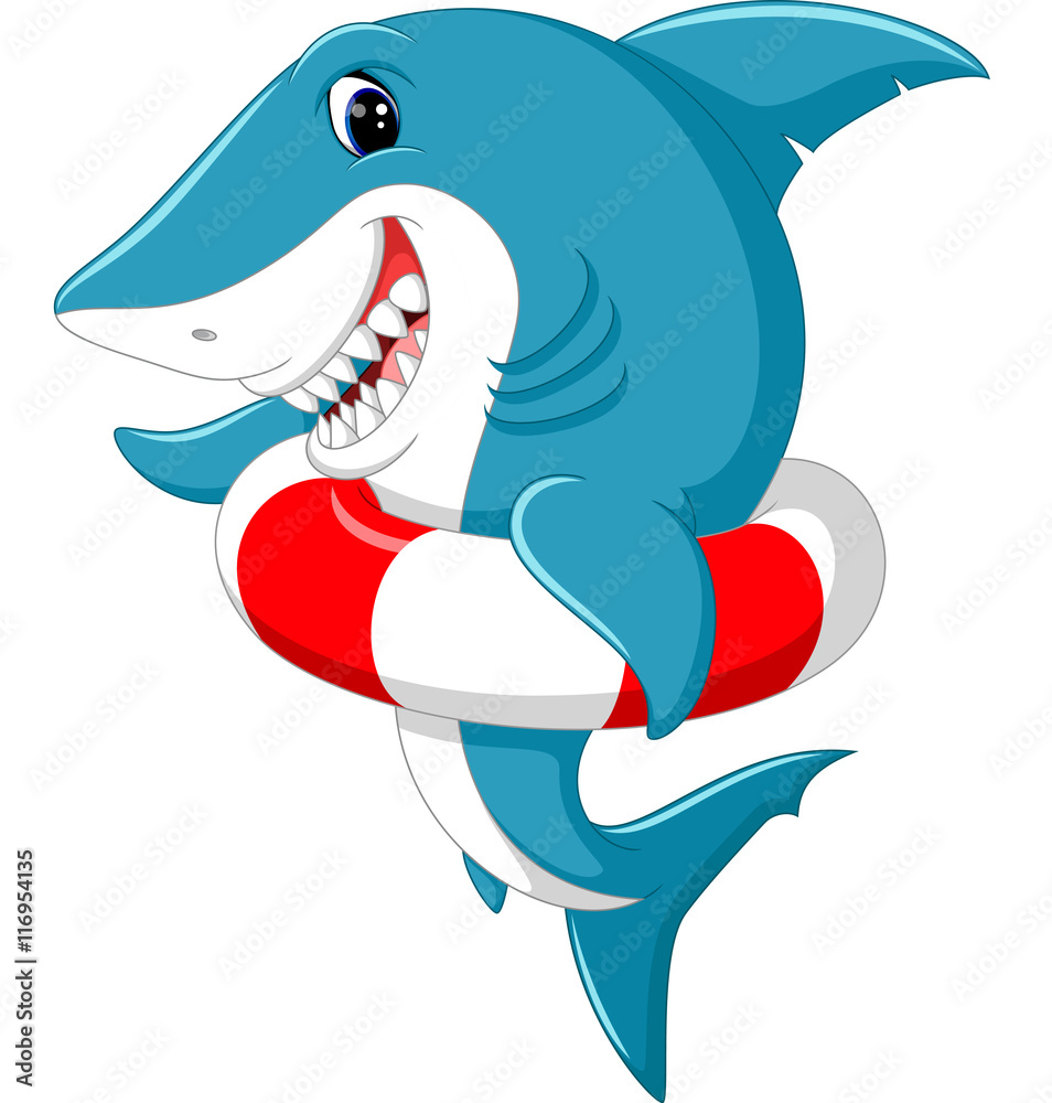 Obraz premium Cute shark cartoon with inflatable ring