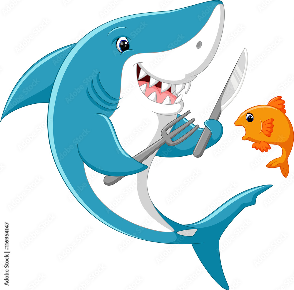 Fototapeta premium Cute shark cartoon ready to eat little fish