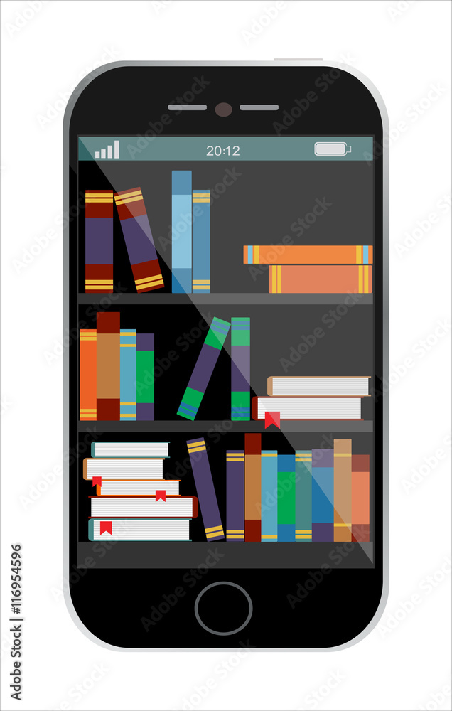 Digital on-line library on smart-phone. Distance education with modern technology flat illustration. Digital on-line library on smart-phone. Distance education with modern technology flat illustration.