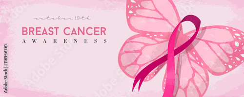 Breast cancer awareness banner with pink butterfly