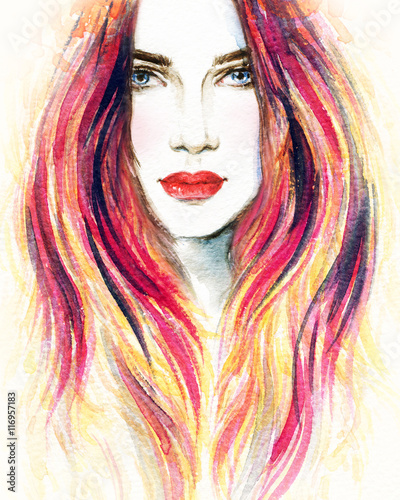 Beautiful woman portrait. Abstract fashion watercolor illustration