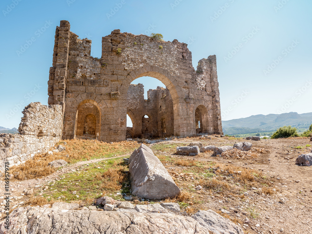 Ruins of bysanitine basilica atop Aspendos Hill. Aspendos, Serik