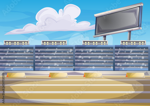 Cartoon vector Stadium Background Score Board Empty Field with separated layers