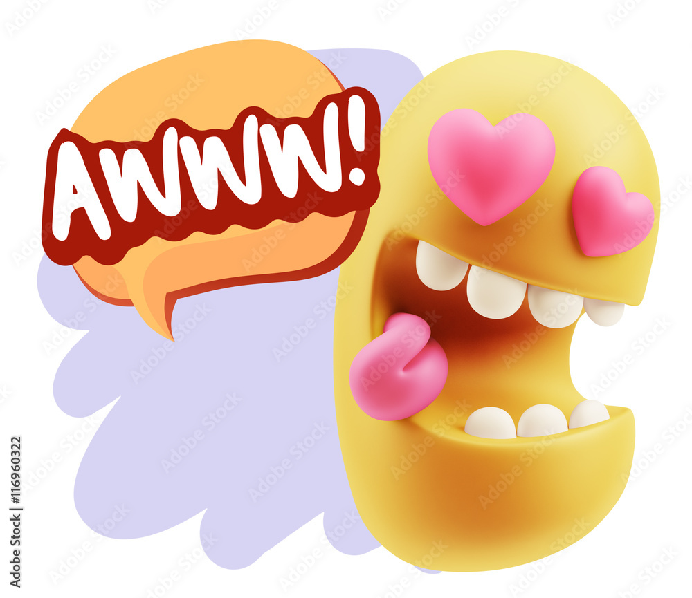 3d Rendering. Emoji in love with heart eyes saying Awww with Col