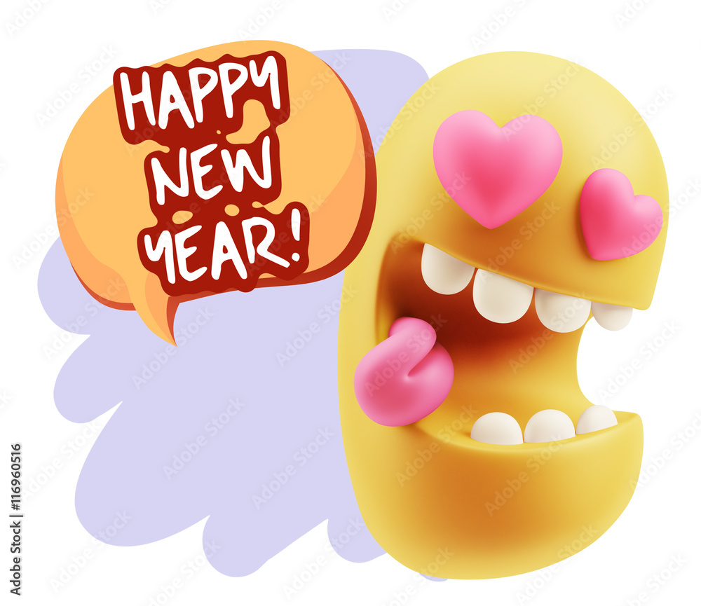 3d Rendering. Emoji in love with heart eyes saying Happy New Yea 3d Rendering. Emoji in love with heart eyes saying Happy New Yea
