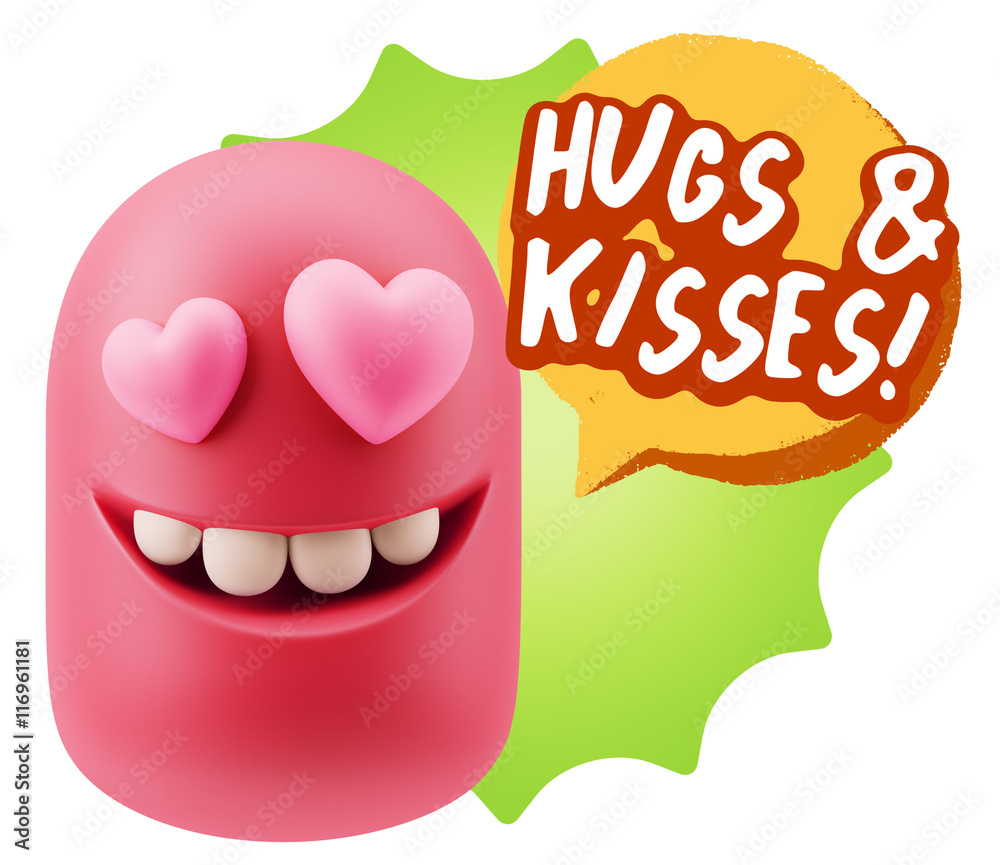 3d Rendering. Emoji in love with heart eyes saying Hugs And Kiss 3d Rendering. Emoji in love with heart eyes saying Hugs And Kiss