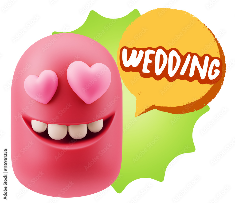 3d Rendering. Emoji in love with heart eyes saying Wedding with 3d Rendering. Emoji in love with heart eyes saying Wedding with