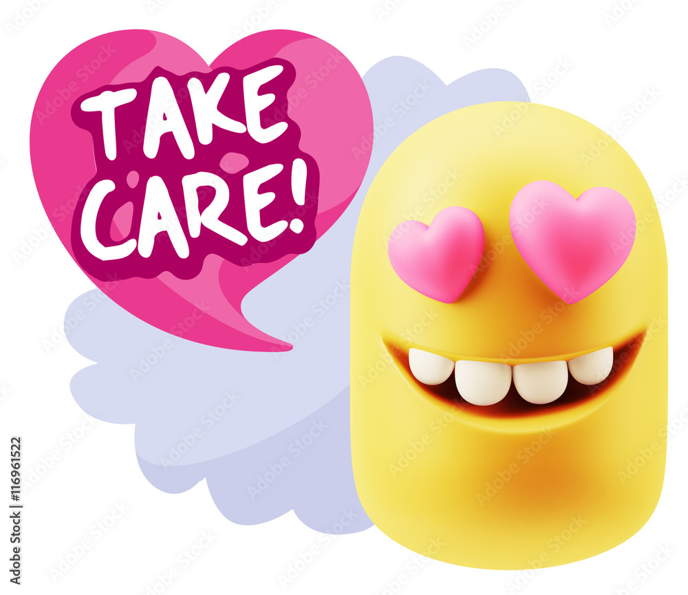 Obraz premium 3d Rendering. Emoji in love with heart eyes saying Take Care wit
