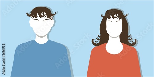 Female and male silhouettes face, red and blue clothing, black hairs on blue, vector illustration