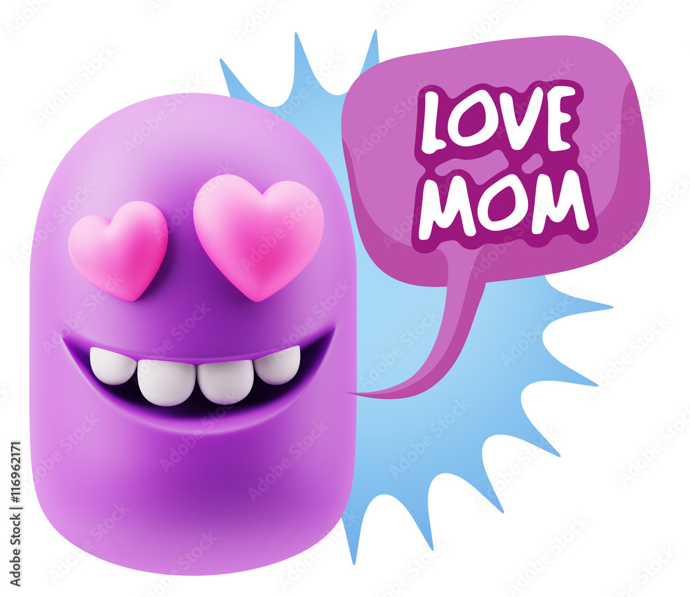 3d Rendering. Emoji in love with heart eyes saying Love Mom with 3d Rendering. Emoji in love with heart eyes saying Love Mom with