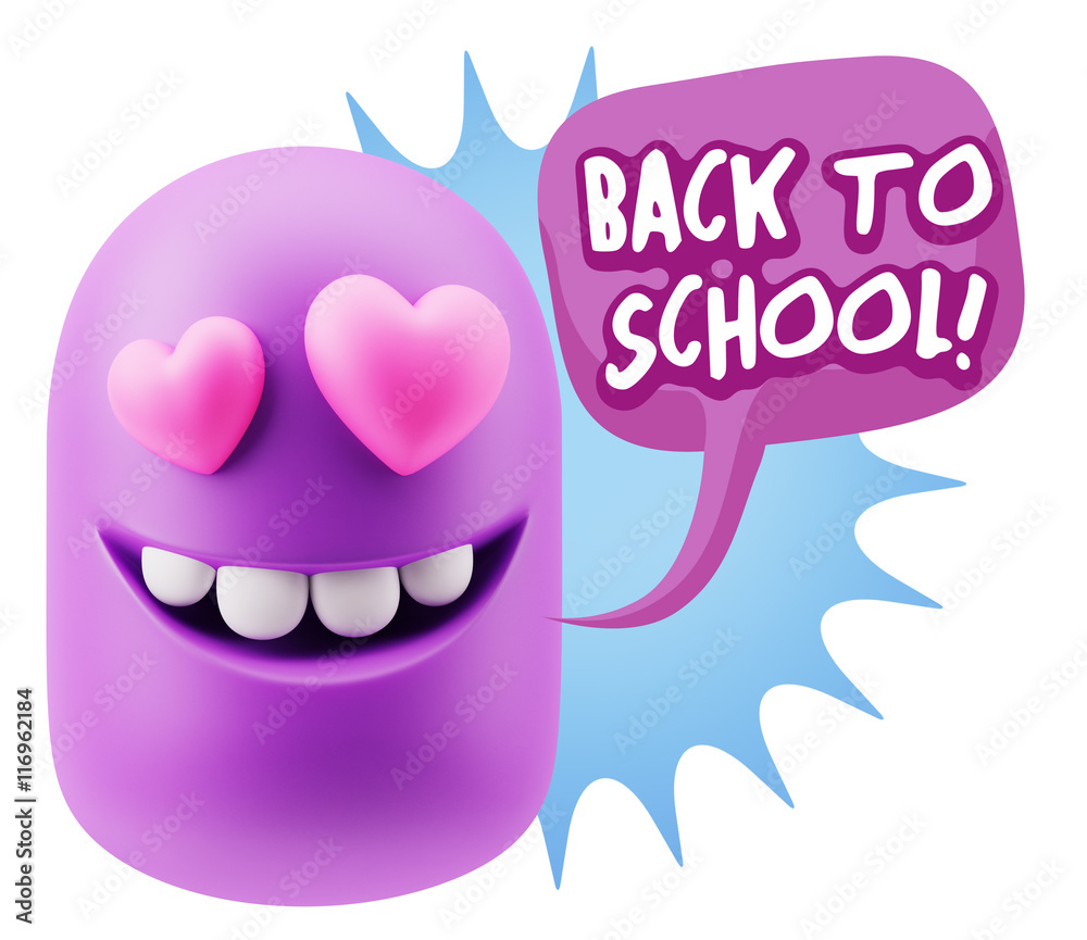 3d Rendering. Emoji in love with heart eyes saying Back To Schoo 3d Rendering. Emoji in love with heart eyes saying Back To Schoo