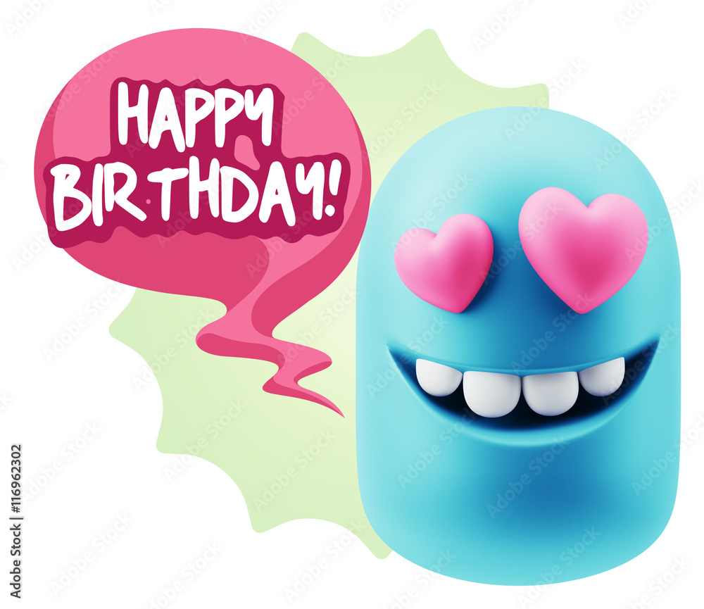 3d Rendering. Emoji in love with heart eyes saying Happy Birthda