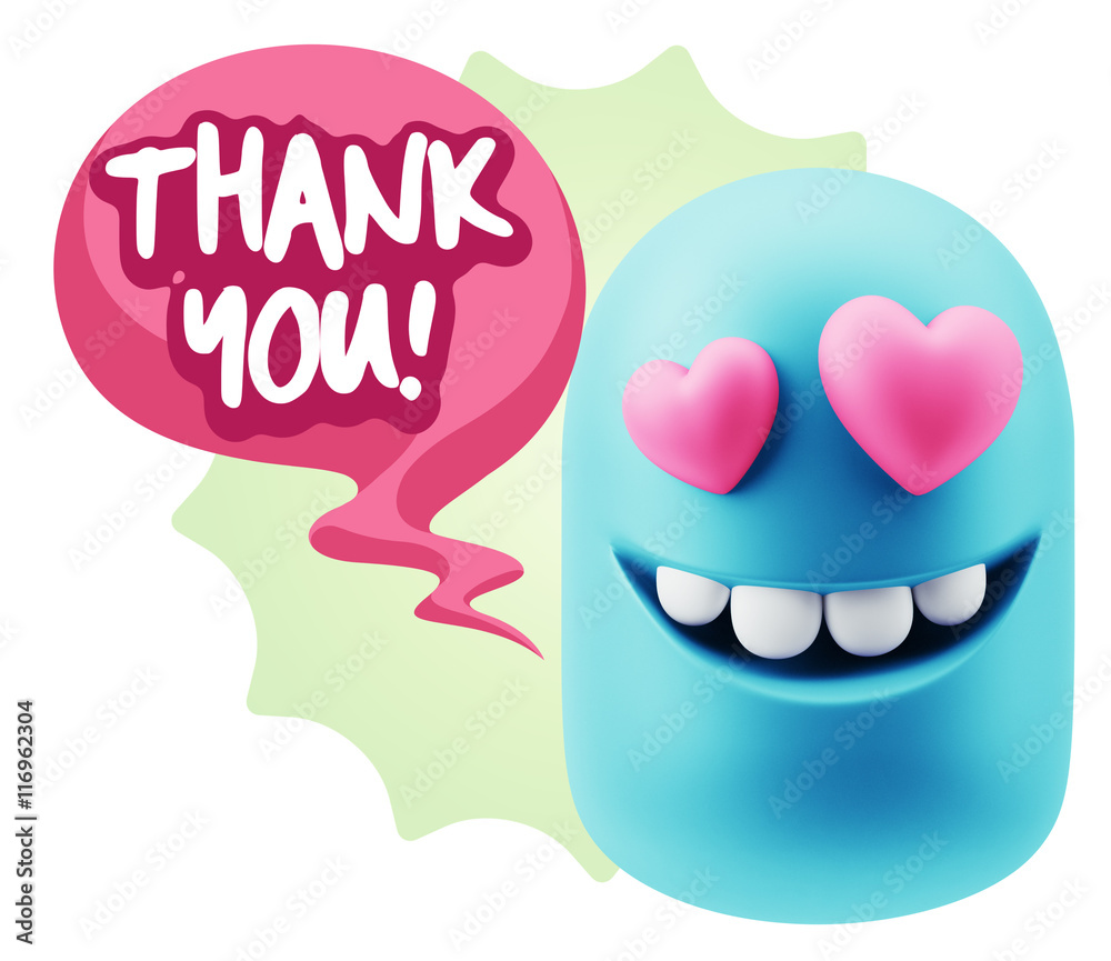 3d Rendering. Emoji in love with heart eyes saying Thank You wit