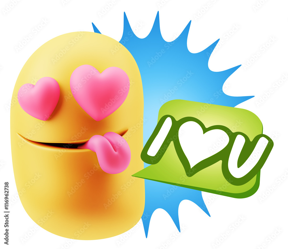 3d Rendering. Emoji in love with heart eyes saying I Love U with