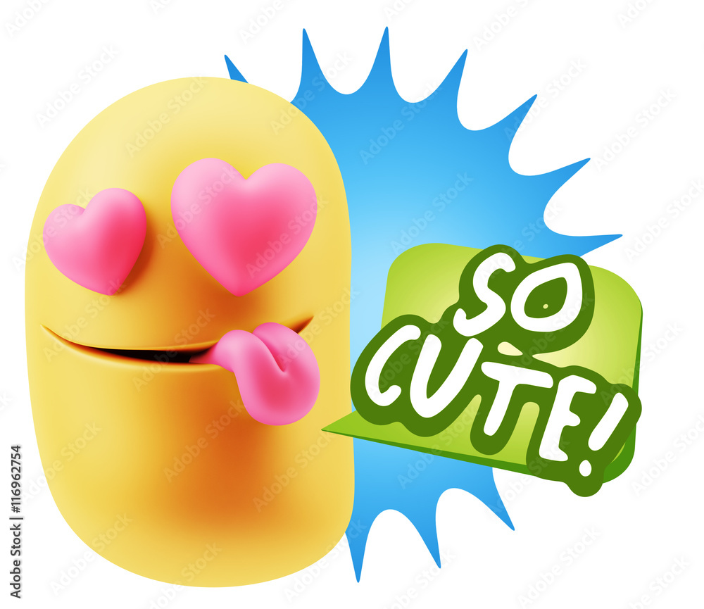3d Rendering. Emoji in love with heart eyes saying So Cute with 3d Rendering. Emoji in love with heart eyes saying So Cute with