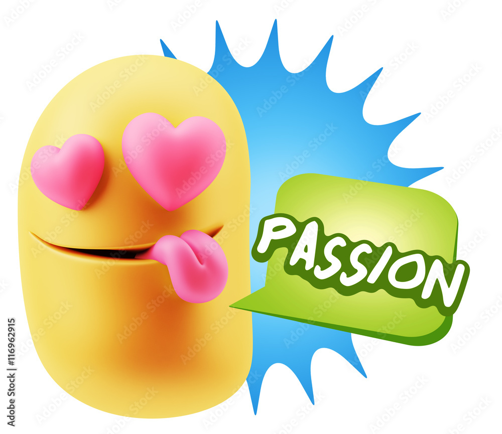 3d Rendering. Emoji in love with heart eyes saying Passion with 3d Rendering. Emoji in love with heart eyes saying Passion with