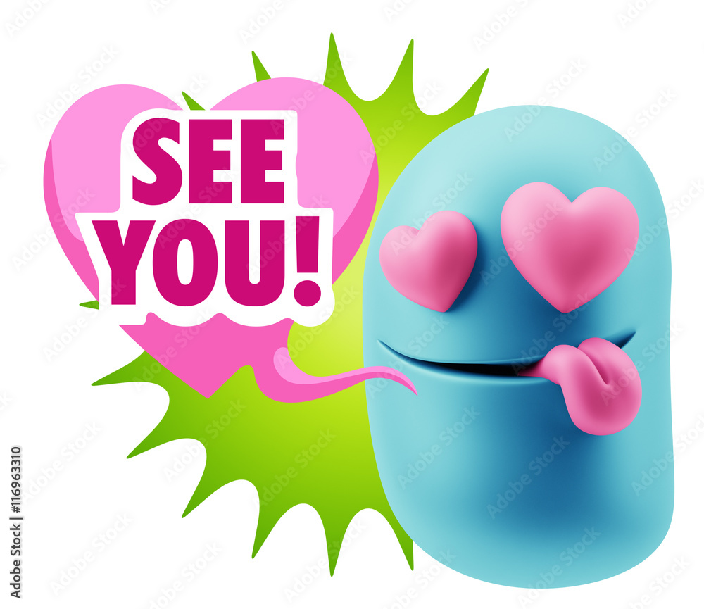 3d Rendering. Emoji in love with heart eyes saying See You with 3d Rendering. Emoji in love with heart eyes saying See You with
