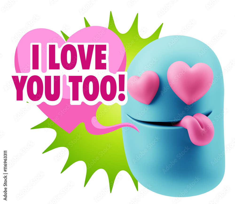 3d Rendering. Emoji in love with heart eyes saying I Love You To
