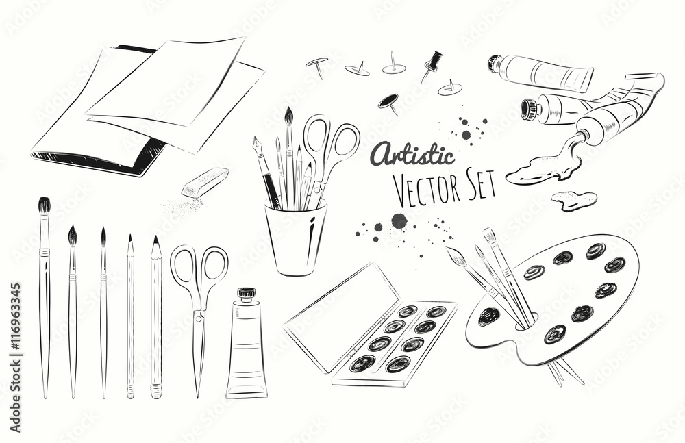Obraz premium Line art illustration set of artists supplies