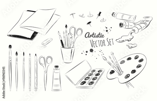 Line art illustration set of artists supplies