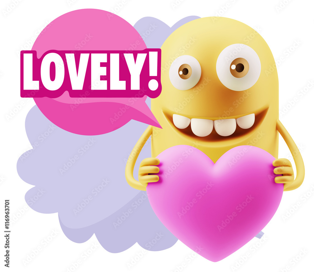 3d Rendering. Emoji in love holding heart shape saying Lovely wi 3d Rendering. Emoji in love holding heart shape saying Lovely wi
