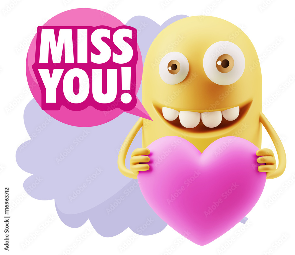 3d Rendering. Emoji in love holding heart shape saying Miss You Stock