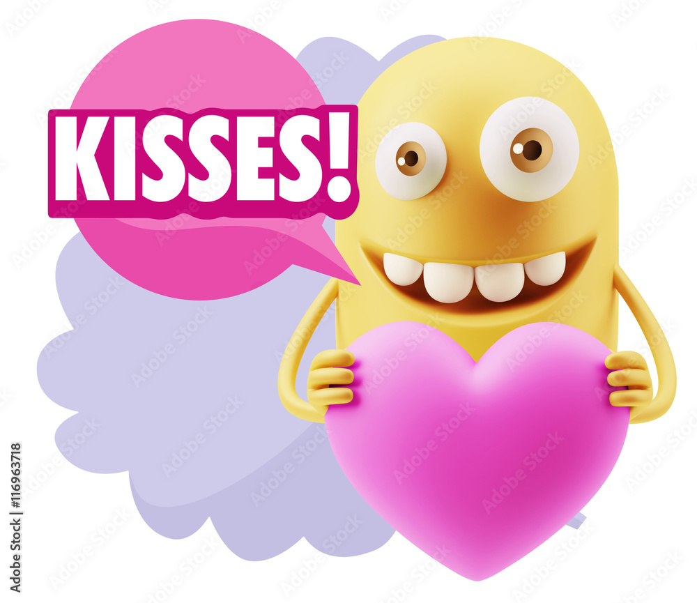 3d Rendering. Emoji in love holding heart shape saying Kisses wi 3d Rendering. Emoji in love holding heart shape saying Kisses wi