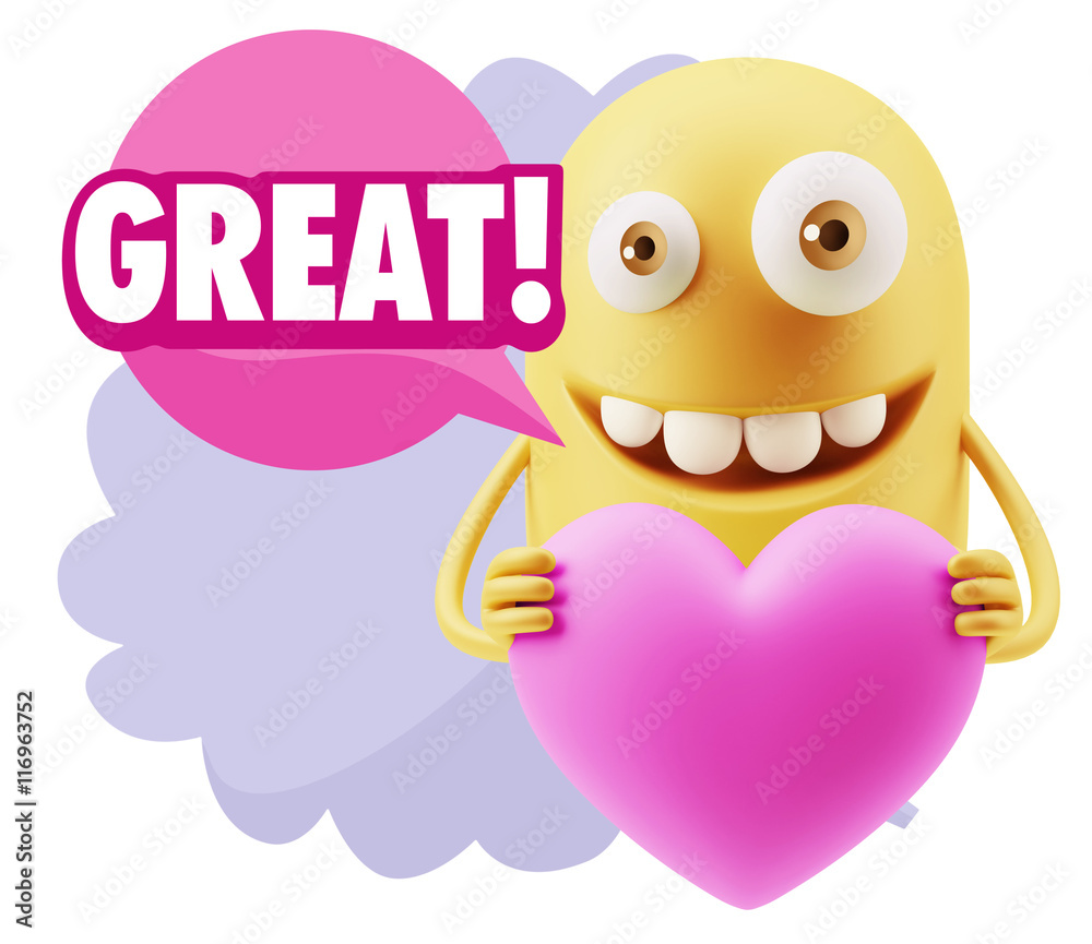 3d Rendering. Emoji in love holding heart shape saying Great wit 3d Rendering. Emoji in love holding heart shape saying Great wit