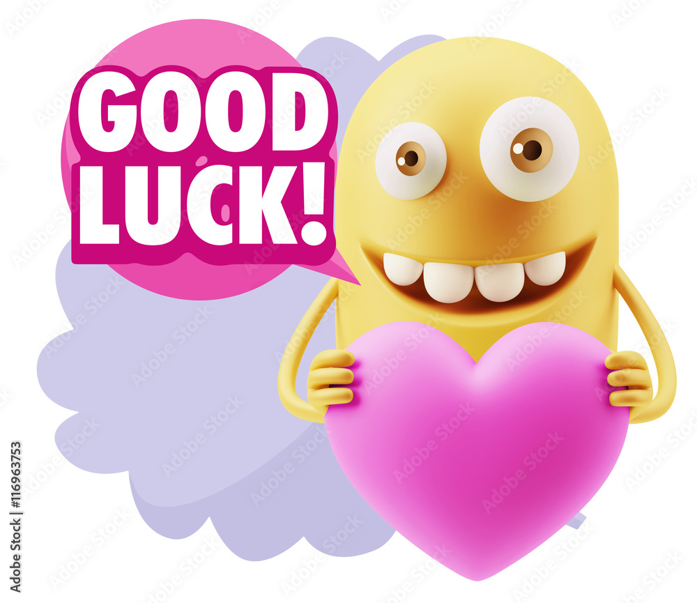 3d Rendering. Emoji in love holding heart shape saying Good Luck Stock