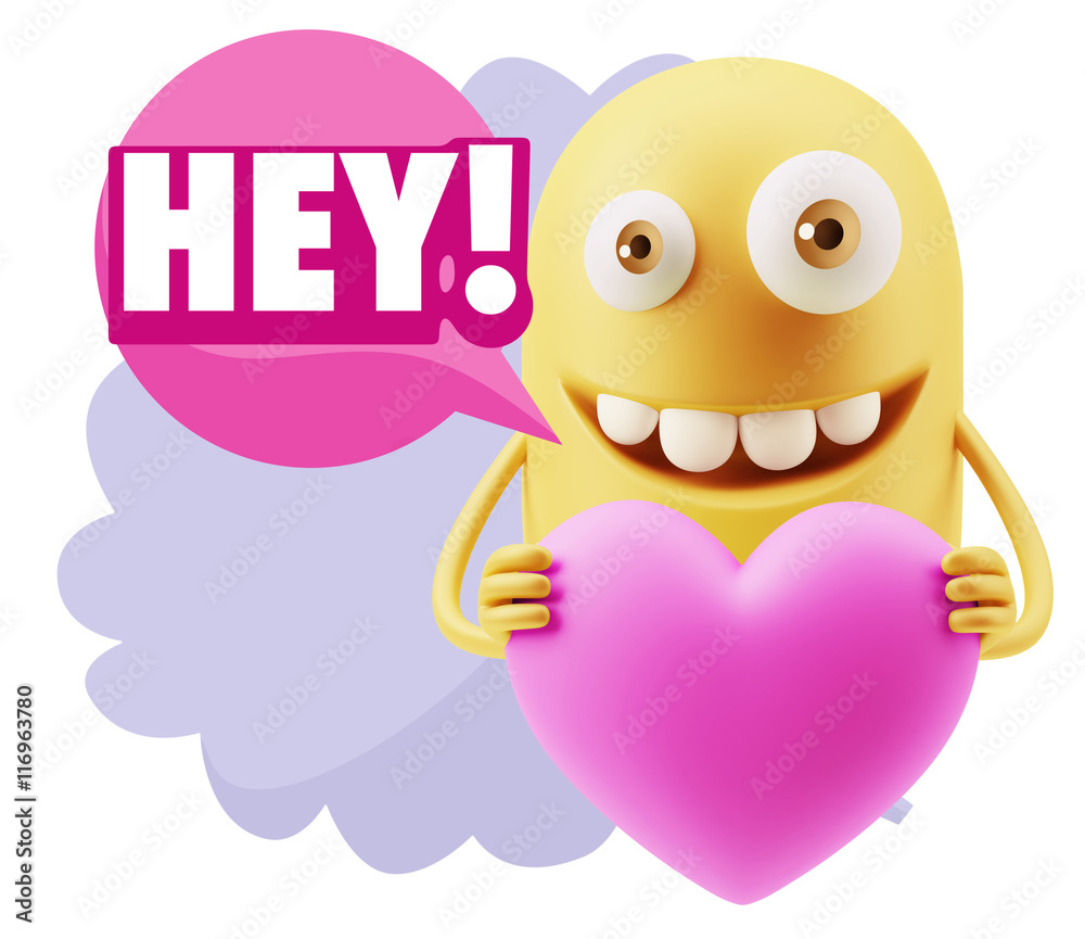 3d Rendering. Emoji in love holding heart shape saying Hey with 3d Rendering. Emoji in love holding heart shape saying Hey with