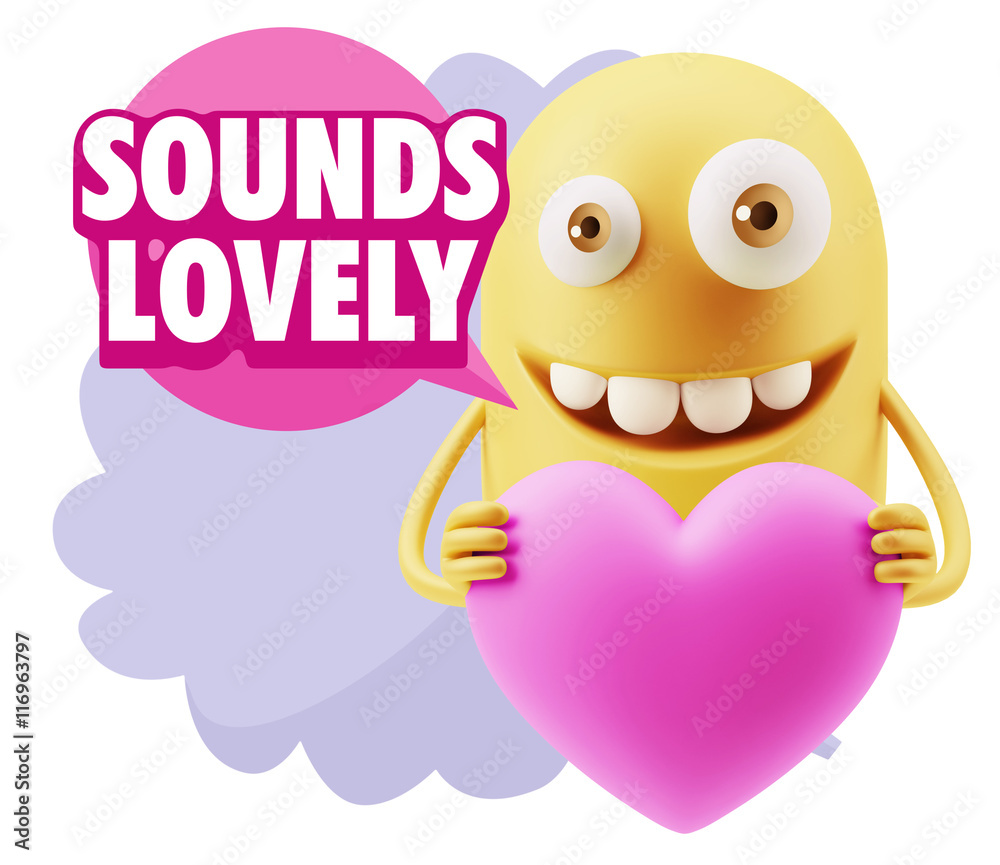 3d Rendering. Emoji in love holding heart shape saying Sounds Lo