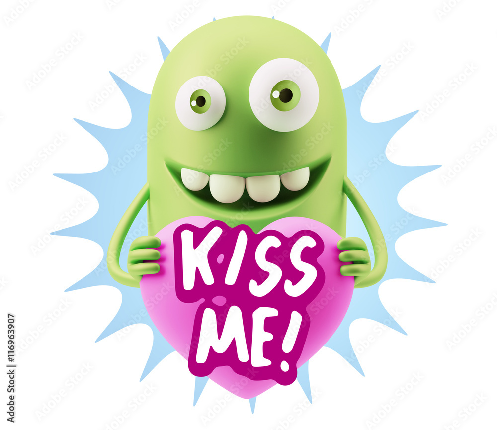 Fototapeta premium 3d Rendering. Emoji in love holding heart shape saying Kiss Me w