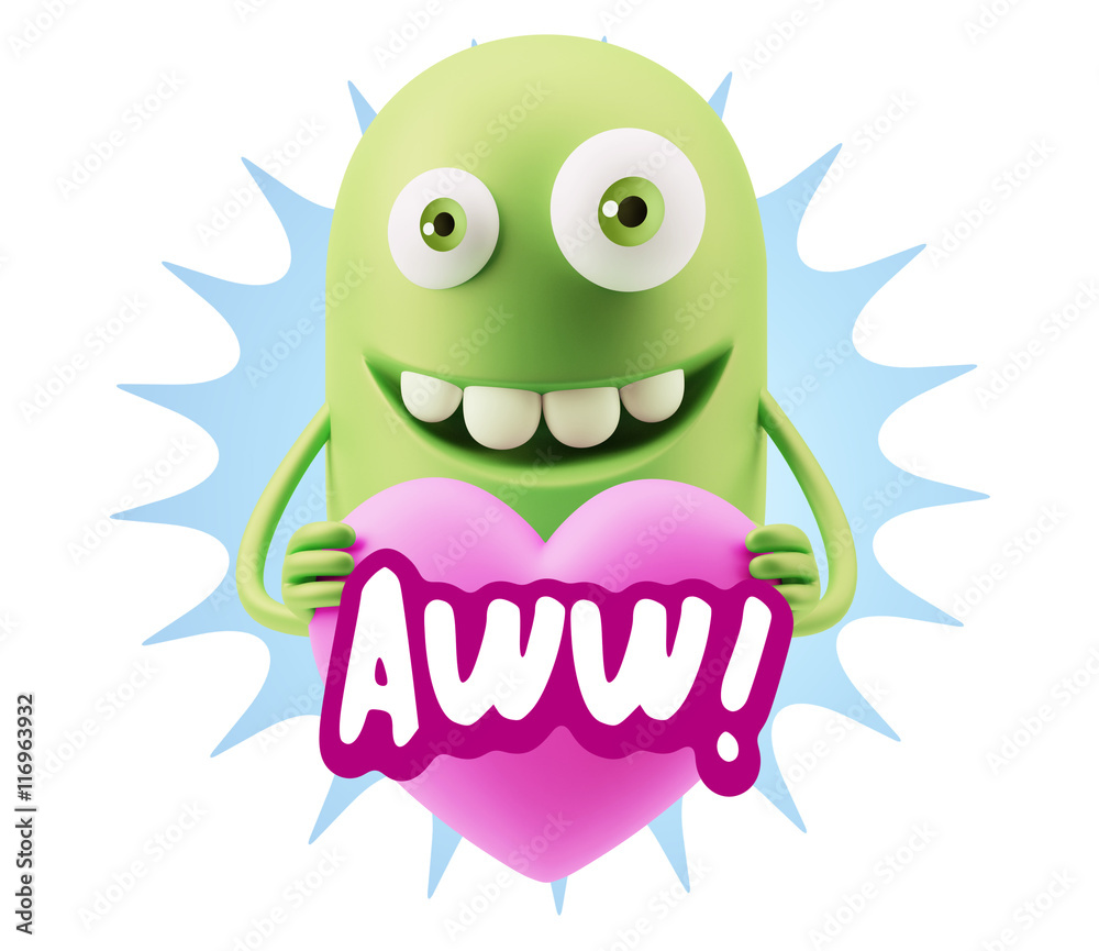 3d Rendering. Emoji in love holding heart shape saying Awww with 3d Rendering. Emoji in love holding heart shape saying Awww with