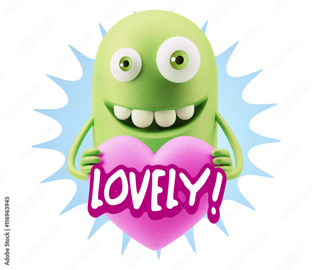3d Rendering. Emoji in love holding heart shape saying Lovely wi 3d Rendering. Emoji in love holding heart shape saying Lovely wi