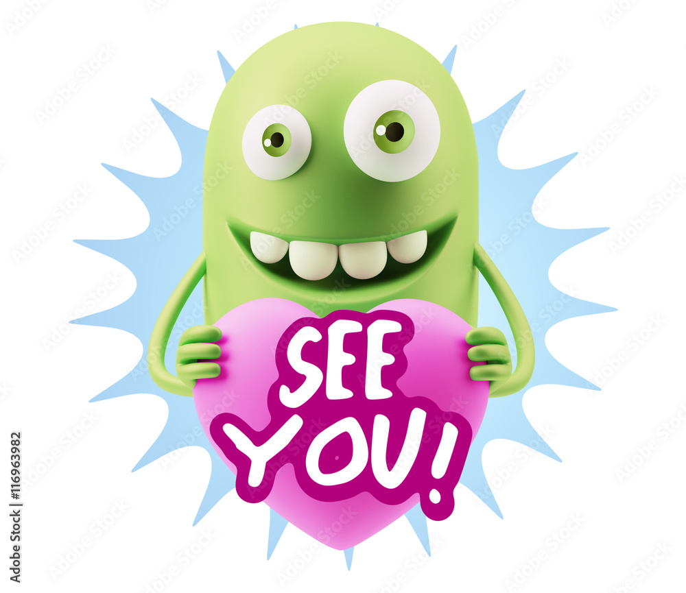 3d Rendering. Emoji in love holding heart shape saying See You w 3d Rendering. Emoji in love holding heart shape saying See You w