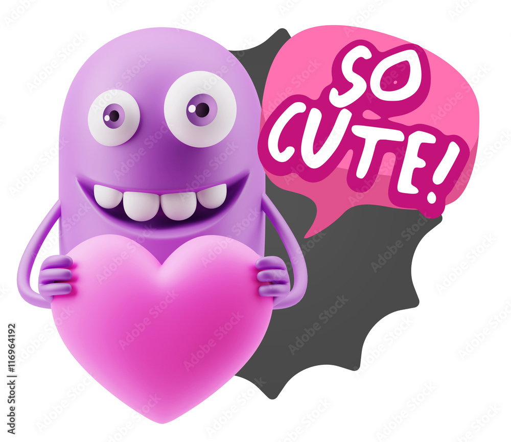 3d Rendering. Emoji in love holding heart shape saying So Cute w