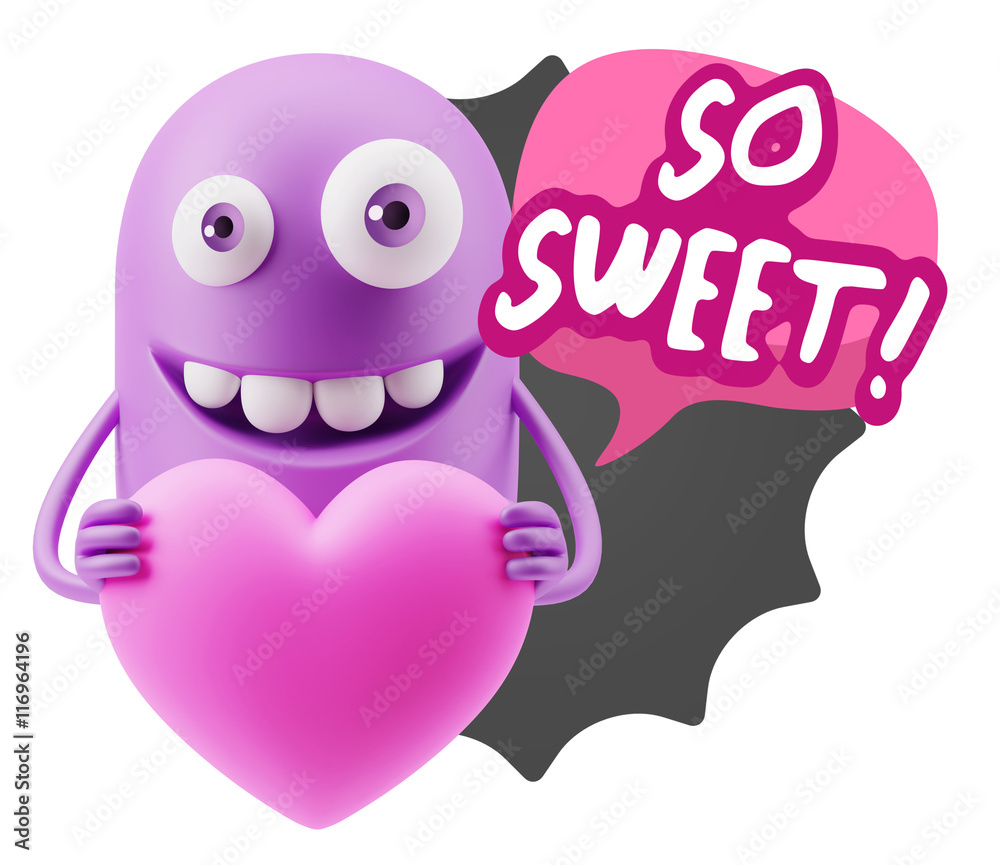 3d Rendering. Emoji in love holding heart shape saying So Sweet