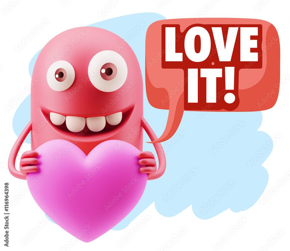 Obraz premium 3d Rendering. Emoji in love holding heart shape saying Love It w
