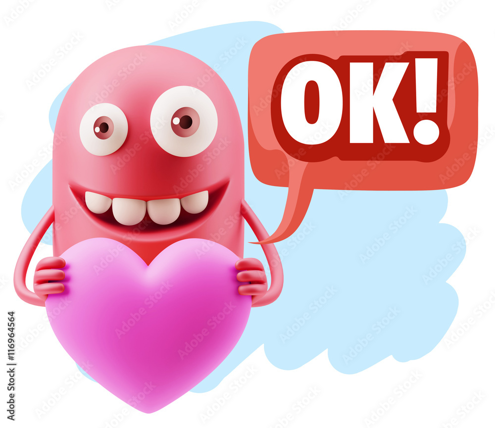 Obraz premium 3d Rendering. Emoji in love holding heart shape saying Ok with C