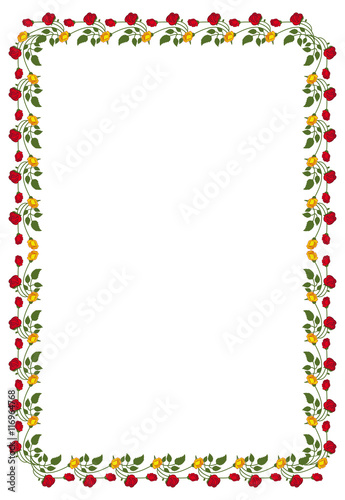 Vertical frame with red and yellow roses. Vector clip art.