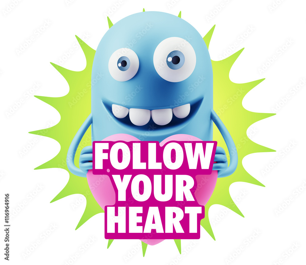 3d Rendering. Emoji in love holding heart shape saying Follow Yo