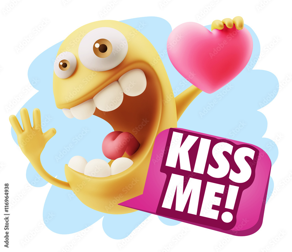 3d Rendering. Emoji in love holding heart shape saying Kiss Me w 3d Rendering. Emoji in love holding heart shape saying Kiss Me w