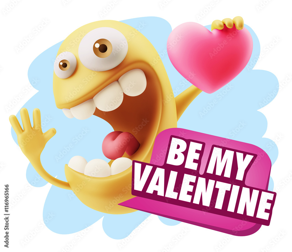 3d Rendering. Emoji in love holding heart shape saying Be My Val 3d Rendering. Emoji in love holding heart shape saying Be My Val