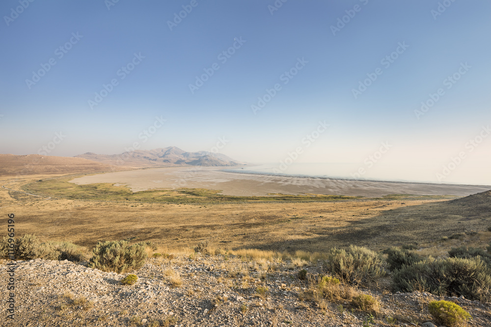 View of the Great Salt Lake in Utah from the top of Antelope Island during sunset
