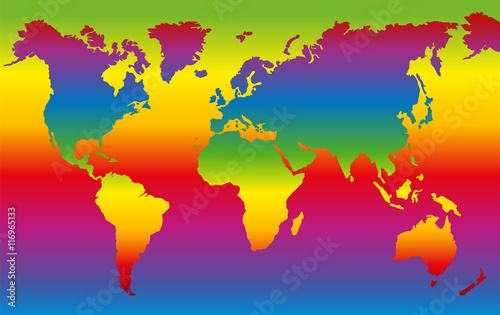 Rainbow colored world map - planet earth in dazzling colors.