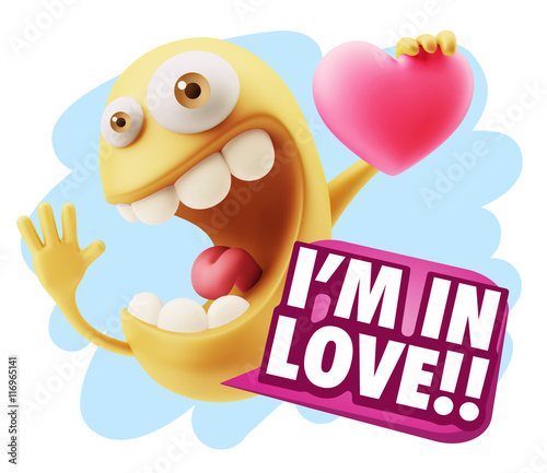 3d Rendering. Emoji in love holding heart shape saying I'm in Lo