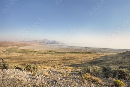 View of the Great Salt Lake in Utah from the top of Antelope Island during sunset