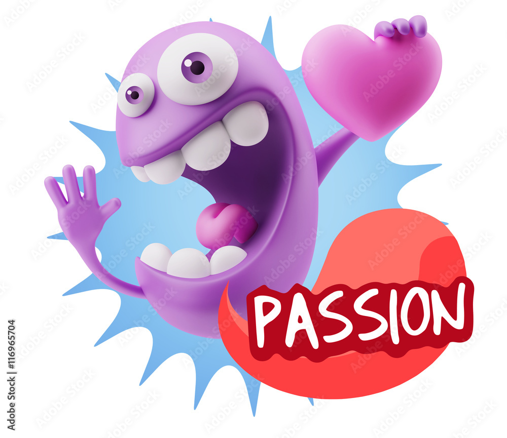 3d Rendering. Emoji in love holding heart shape saying Passion w